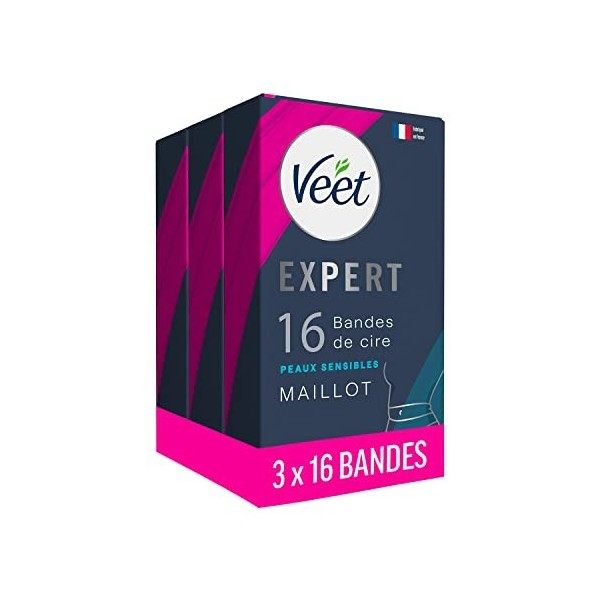 Veet EXPERT - 48 Bandes de Cire Froide Maillot - Peaux Sensibles - Finition Parfaite - Epilation Longue Durée - Lot de 3x16 b