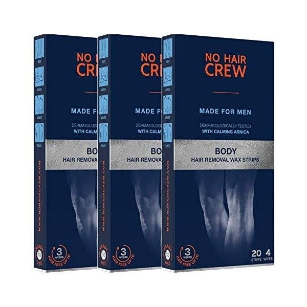 3 x NO HAIR CREW Bandes De Cire pour lépilation du corps. Pour Hommes, 20 Bandes et 4 Lingettes Apaisantes Lot de 3 