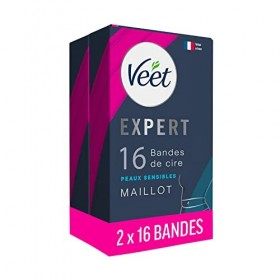 Veet EXPERT - 32 Bandes de Cire Froide Maillot - Peaux Sensibles - Finition Parfaite - Epilation Longue Durée - Lot de 2x16 b