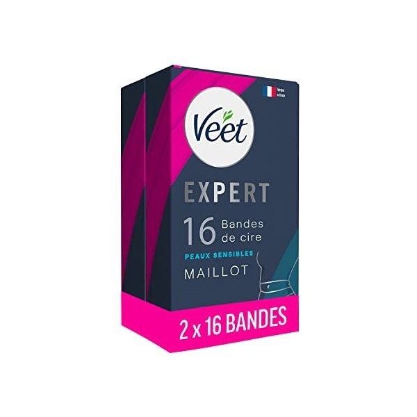 Veet EXPERT - 32 Bandes de Cire Froide Maillot - Peaux Sensibles - Finition Parfaite - Epilation Longue Durée - Lot de 2x16 b