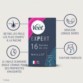 Veet EXPERT - 32 Bandes de Cire Froide Maillot - Peaux Sensibles - Finition Parfaite - Epilation Longue Durée - Lot de 2x16 b