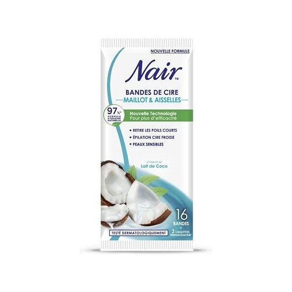 NAIR - Bandes de Cire Froide Maillot & Aisselles à lExtrait de Lait de Coco, 97% dOrigine Naturelle, Sachet Nomade, 16 Band