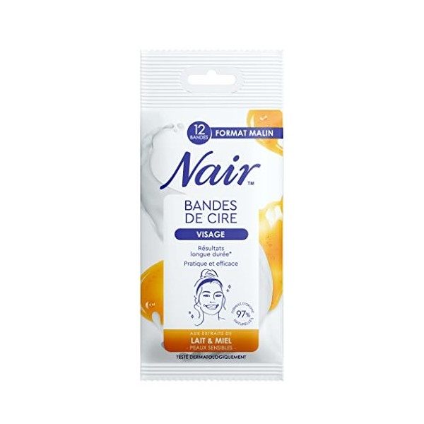 NAIR - Bandes De Cire Froide Visage, Peaux Sensibles, à lExtrait de Lait & Miel, 97% dOrigine Naturelle, Format Malin 12 Ba