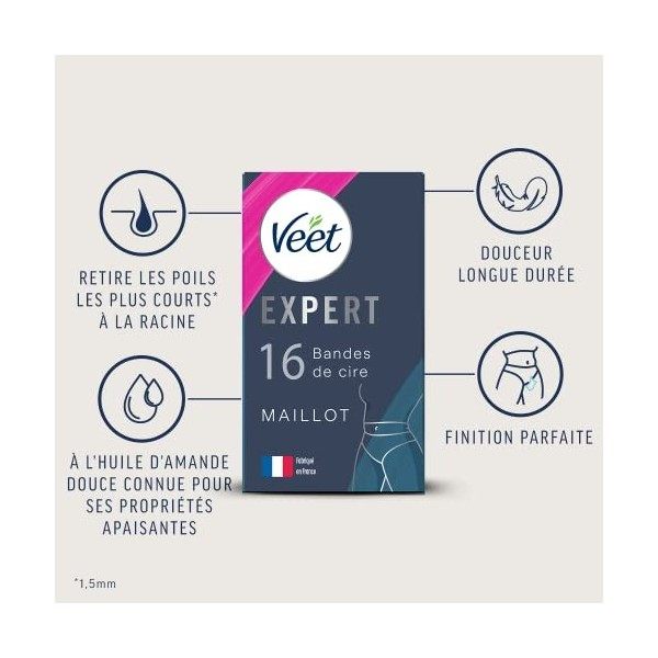 Veet EXPERT - 16 Bandes de Cire Froide Maillot - Peaux Sensibles - Finition Parfaite - Epilation Longue Durée