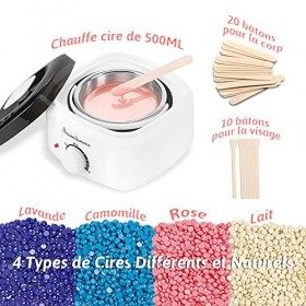Chauffe Cire Épilation, Incendemme Kit d’Épilation à la Cire Électrique Chaude avec 400g Billes de Cires Dépilatoire Thermost