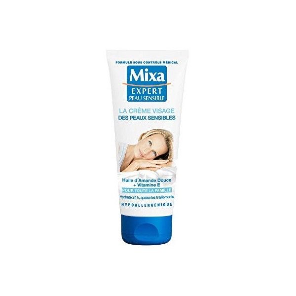 Mixa Expert Peau Sensible la Crème Visage des Peaux Sensibles à lHuile dAmande Douce et Vitamine E, 100ml Crème Jour et Nuit