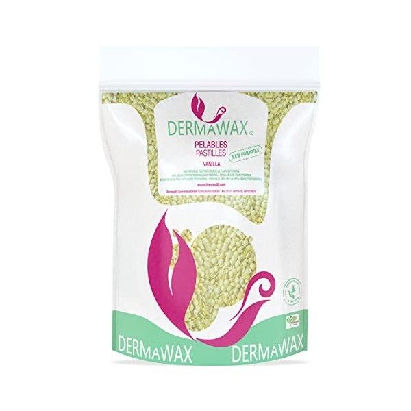 Dermawax Perles de cire blanc nacré Vanille Premium de 1 kg sans bandes de cire pour lépilation, cire pour le corps entier à