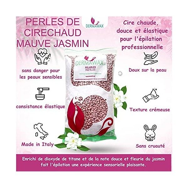 Dermawax Perles de cire Mauve Jasmine Premium TIO2 sans bandes de cire pour lépilation, cire pour le corps entier à la cire 