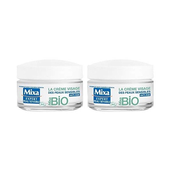 Mixa BIO - La Crème Visage Des Peaux Sensibles Anti-Âge - 50 ml - Lot de 2 Crème Jour et Nuit
