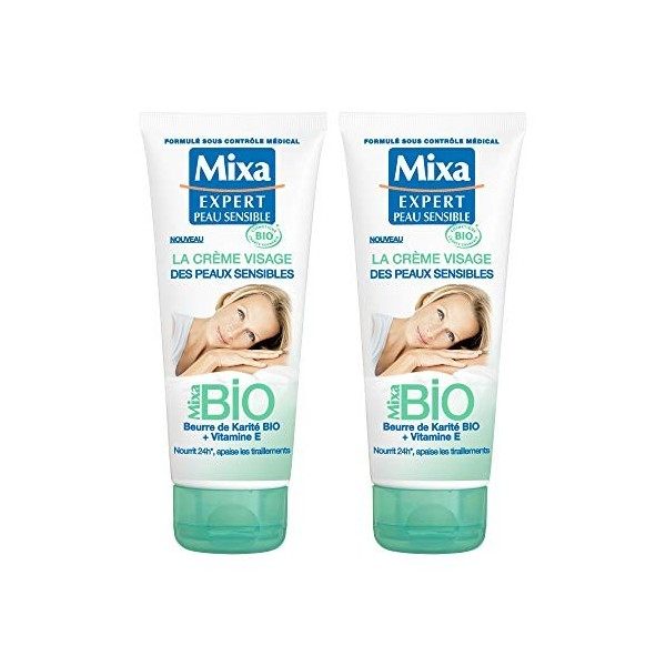 Mixa BIO - La Crème Visage Des Peaux Sensibles - 100 ml - Lot de 2 Crème Jour et Nuit