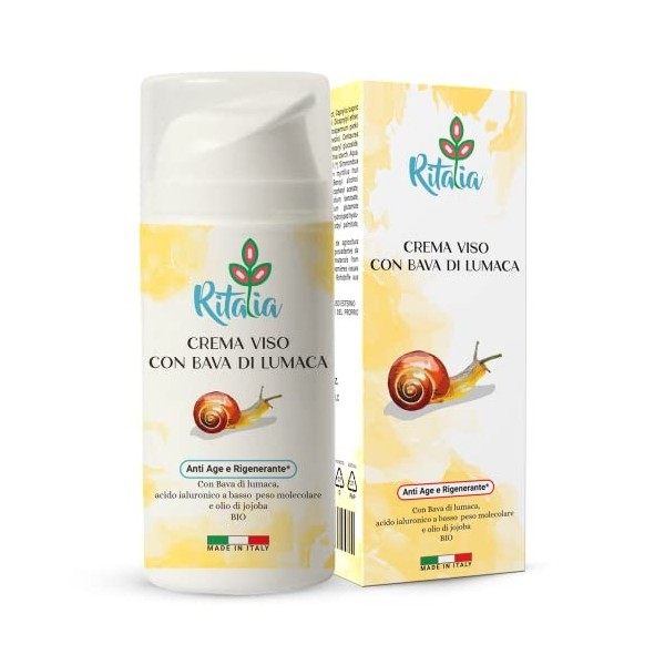 100ml BIO CREME VISAGE avec 75% BAVE D ESCARGOT et ACIDE HYALURONIQUE Ritalia® CREME HYDRATANTE ingrédients Anti-rides Anti-â...