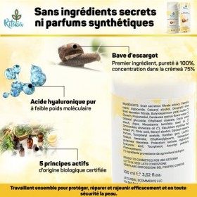 100ml BIO CREME VISAGE avec 75% BAVE D ESCARGOT et ACIDE HYALURONIQUE Ritalia® CREME HYDRATANTE ingrédients Anti-rides Anti-â