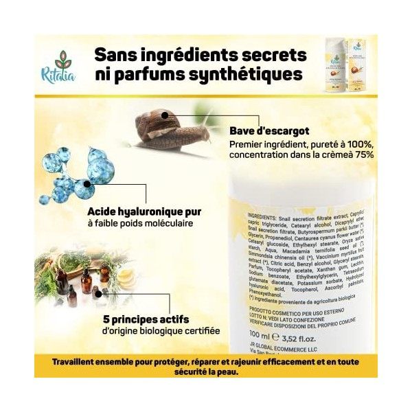 100ml BIO CREME VISAGE avec 75% BAVE D ESCARGOT et ACIDE HYALURONIQUE Ritalia® CREME HYDRATANTE ingrédients Anti-rides Anti-â...