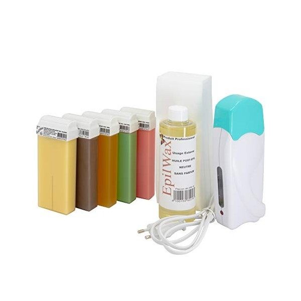 EpilWax Kit dÉpilation Royal Complet avec : chauffe cire professionnelle 5 Roll-On de cire 100 ml panaché, 100 bandes épilat