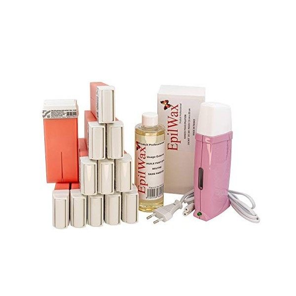 EpilWax Kit dÉpilation Royal Complet avec : chauffe cire professionnelle,12 Roll-On de cire 100 ml Rose, 100 bandes épilatio