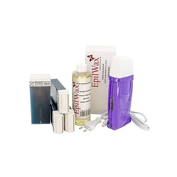 EpilWax Kit dÉpilation Royal Complet avec : chauffe cire professionnelle 4 Roll-On de cire 100 ml à l’azulène, 100 bandes ép