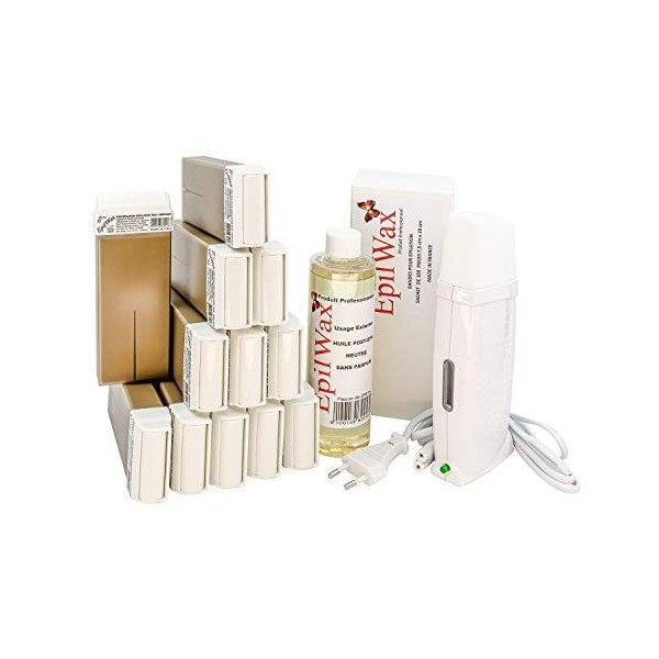 EpilWax Kit dÉpilation Royal Complet avec : chauffe cire professionnelle,12 Roll-On de cire 100 ml Chocolat parfum ,100 ban