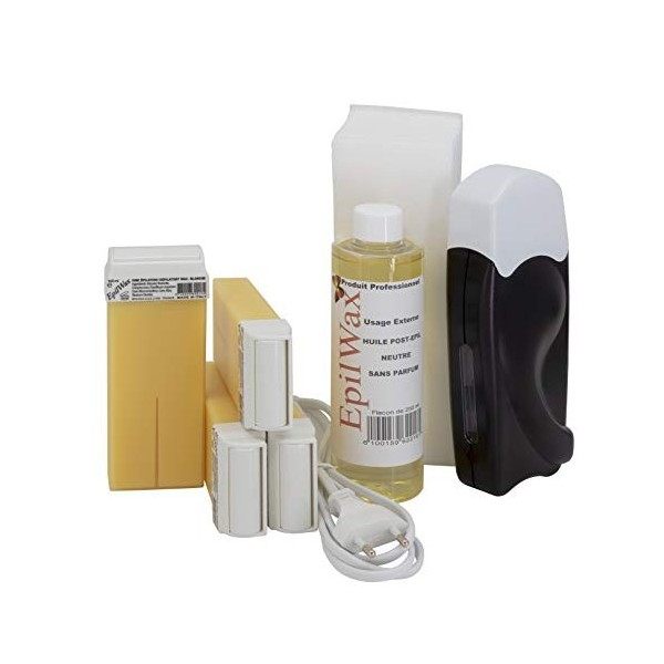 EpilWax Kit d’Épilation Solo Complet - Avec 4 Recharges de Cire Blanche à la Vanille, Chauffe Cire Roll On, Bandes et Huile P