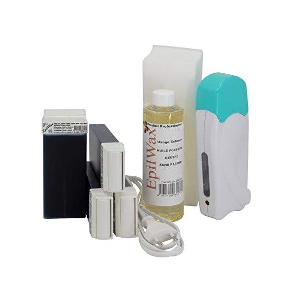 EpilWax Kit d’Épilation Solo Complet - Avec 4 Recharges de Cire Blanche à la Vanille, Chauffe Cire Roll On, Bandes et Huile P