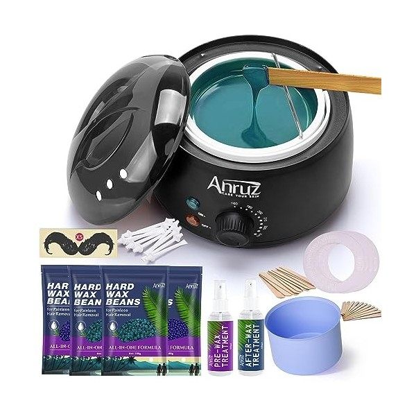 ANRUZ Kit dépilation à la cire pour épilation professionnelle avec bol en silicone, 4 sachets de perles de cire et 20 bâtons