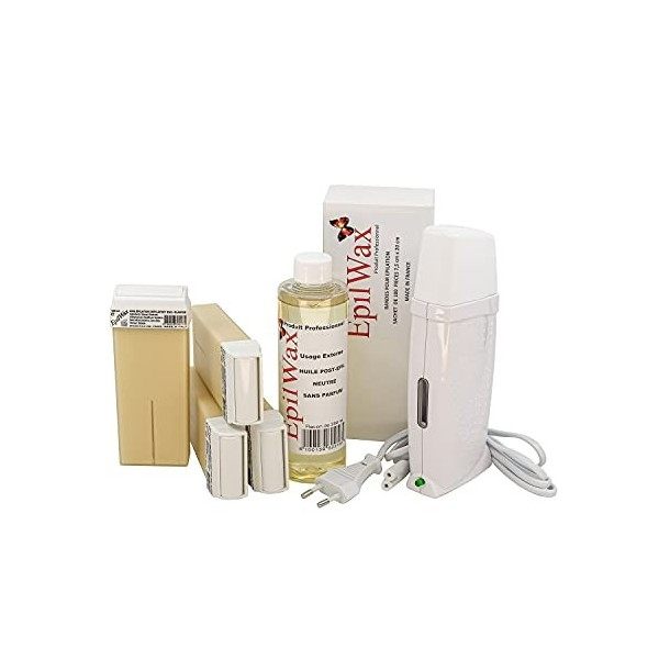 EpilWax Kit dÉpilation Royal Complet avec : chauffe cire professionnelle 4 Roll-On de cire 100 ml à la Vanille, 100 bandes é