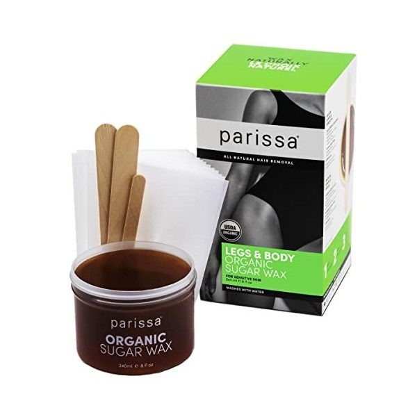 Parissa Legs & Body Cire en sucre bio pour peaux sensibles, 100 % naturelle, formule douce et lavable, kit dépilation à domi