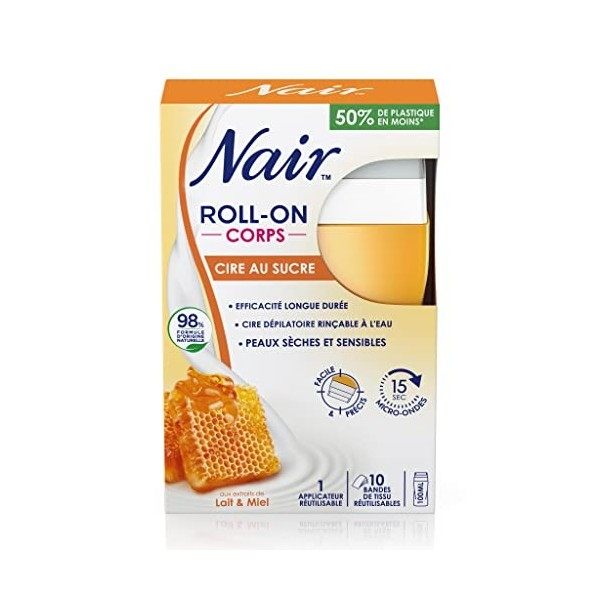 NAIR - Roll-On Cire au Sucre, aux extraits de Lait & Miel, spéciale Peaux Sèches & Sensibles, avec 10 Bandes Réutilisables Ri