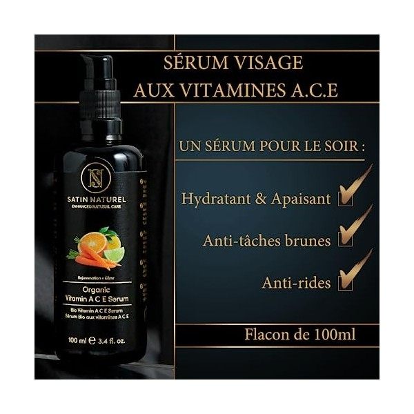 Serum Vitamine C Bio + Retinol + Vitamine E + Acide Hyaluronique 100ml, Anti Taches brunes Visage pour une Peau Lissée et Uni