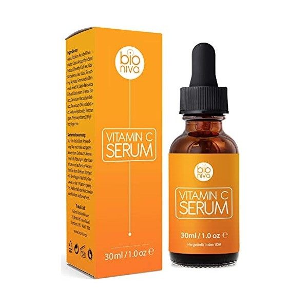 Bio Sérum Vitamine C + Acide Hyaluronique, Aloe Vera, Vitamine E et Acide Férulique pour le visage. Anti ge et Anti Rides ave