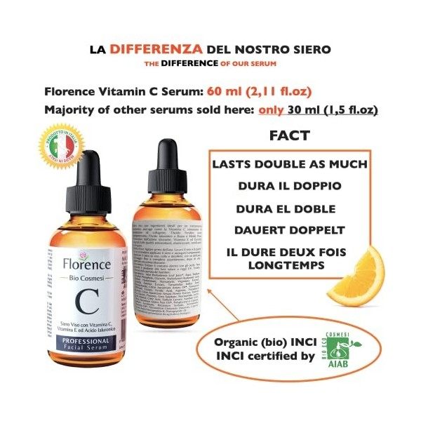 60ml. BIO Sérum Visage à la Vitamine C/E.et Acide Hyaluronique Pur, Anti-rides, Anti-taches et Hydratant. Soin Visage Anti-âg...