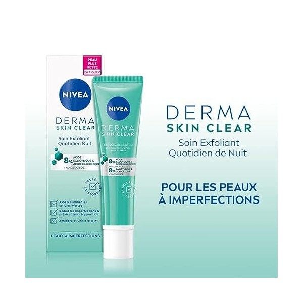 NIVEA Derma Skin Clear Soin Exfoliant Quotidien Nuit 1 x 40 ml , Soin de nuit 8% acides salicylique, glycolique & niacinamid ...