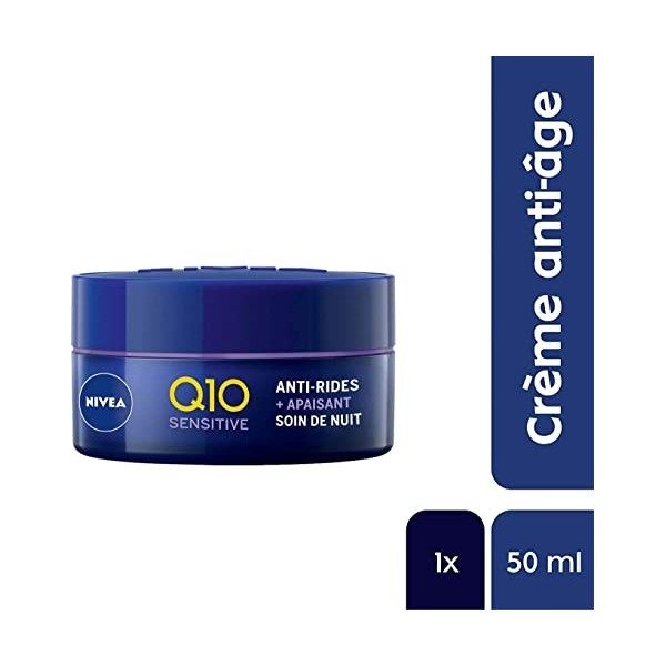 NIVEA Q10 Power Soin de Nuit Confort Anti-Rides +Peaux sensibles 1x50ml , crème anti-âge avec Q10 & 10X plus de créatine, so ...