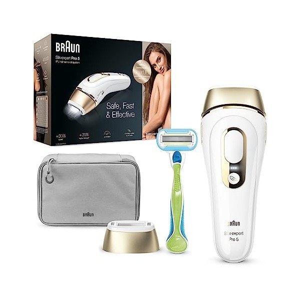 Braun IPL Silk Expert Pro 5 Épilation permanente visible pour homme et femme, avec pochette de qualité supérieure et rasoir V