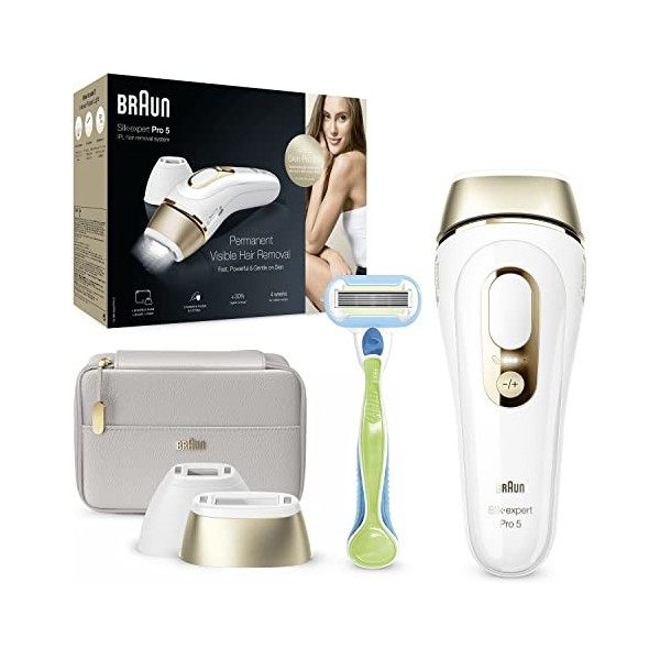 Braun IPL Silk Expert Pro 5 Épilation permanente visible pour homme et femme, avec pochette de qualité supérieure et rasoir V...