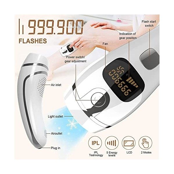 Épilateur IPL pour femme, système dépilation 999,900 flashs, 2 modes de flash et 5 intensités lumineuses pour le corps, le v