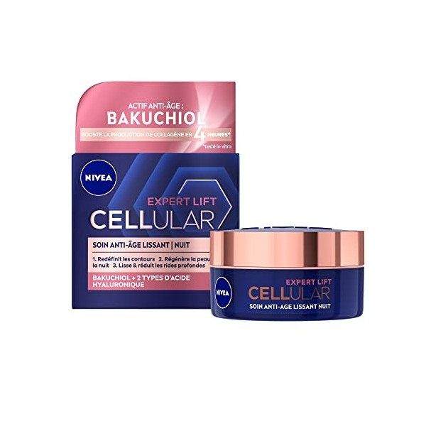 NIVEA Cellular EXPERT LIFT Soin de Nuit 1 x 50 ml , crème anti-âge enrichie en Acide Hyaluronique et Bakuchiol, soin visage ...