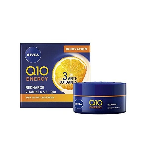 NIVEA Soin de Nuit Q10+C Energy Pot 1 x 50 ml , Crème de nuit enrichie en Q10 et Vitamines, Soin anti-âge pour une peau raff