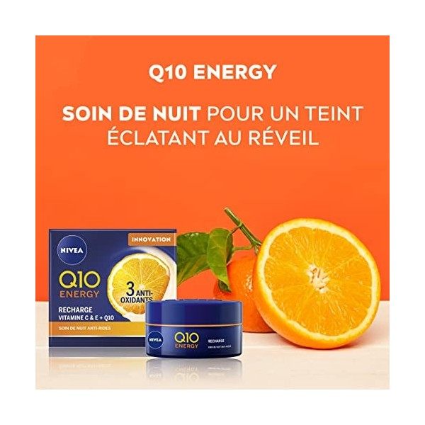 NIVEA Soin de Nuit Q10+C Energy Pot 1 x 50 ml , Crème de nuit enrichie en Q10 et Vitamines, Soin anti-âge pour une peau raff