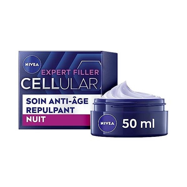 NIVEA Expert Filler CELLULAR Soin de nuit 1 x 50 ml , Soin anti-âge raffermissant enrichi en acide folique pur et acide hyal ...