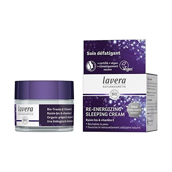 lavera Re-Energizing Sleeping Cream - crème de nuit au raisin bio et à la vitamine E - 5 in 1 power ingredient - contre les s