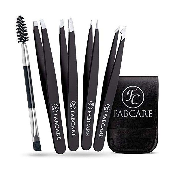 FABCARE Kit de pinces à sourcils avec étui 4 pièces – Pointe améliorée - Pince à sourcils professionnelle avec revêtement a