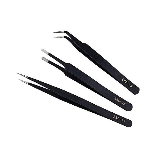 Lot de 3 pinces à épiler de précision ESD en acier inoxydable antistatique, incurvées et pointues pour extension de cils, art