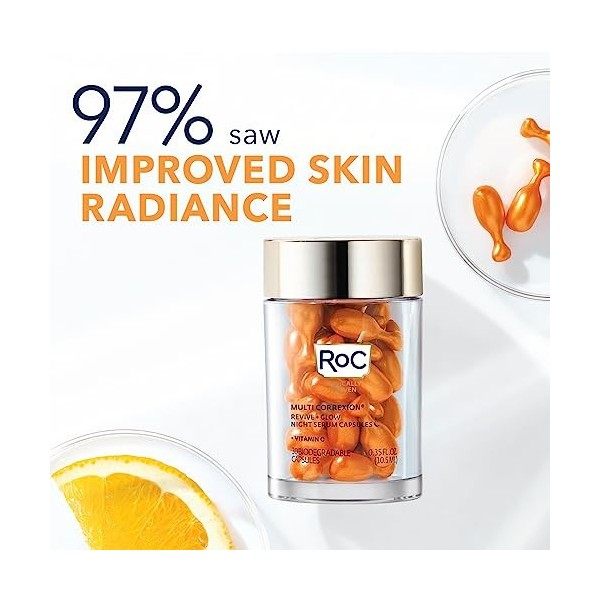 RoC - Multi Correxion Revive + Glow Sérum de Nuit Lissant à la Vitamine C - Anti-rides et Vieillissement -Anti-Âge - Réductio