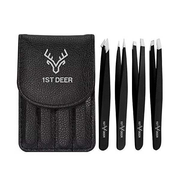 1st Deer Pince a Epiler Professionnelle pour Sourcils de Precision avec étui – Ensemble de 4 – Pincettes Acier Inoxydable pou