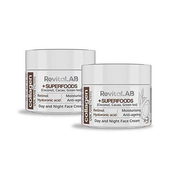 RevitaLAB - Crème de jour et de nuit au collagène hydratante et anti-âge, enrichie en acide hyaluronique, super-aliments et f...