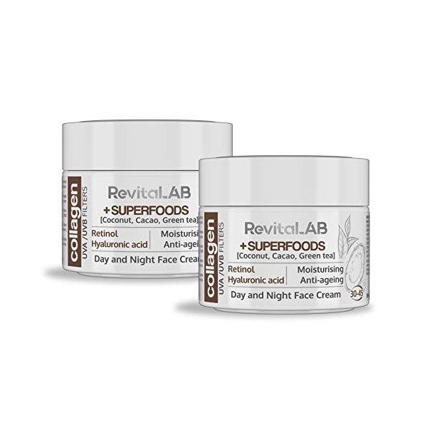 RevitaLAB - Crème de jour et de nuit au collagène hydratante et anti-âge, enrichie en acide hyaluronique, super-aliments et f