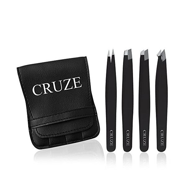 CRUZE Lot de 4 pinces à épiler de précision pour poils du visage - Pour femme et homme - Pince à épiler à sourcils inclinée e