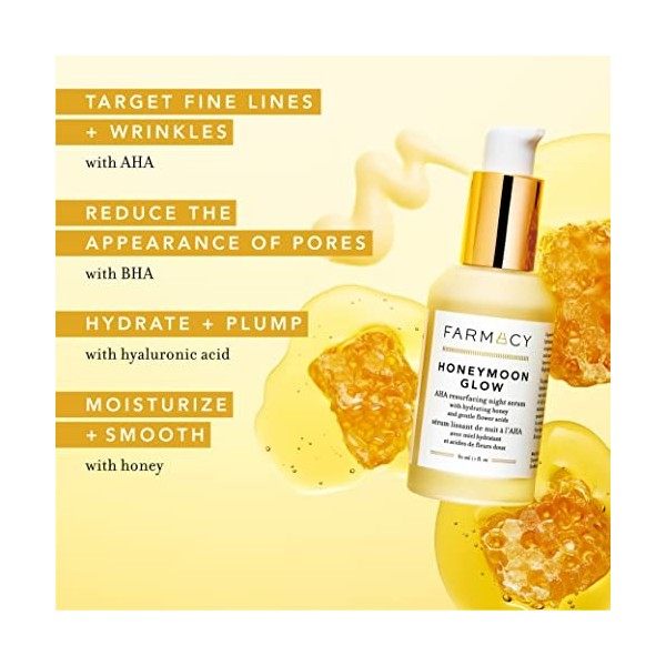 Farmacy Sérum de nuit hydratant Lueur de lune de miel AHA avec acide hyaluronique pour les ridules et les rides 1 oz liq. Cr...