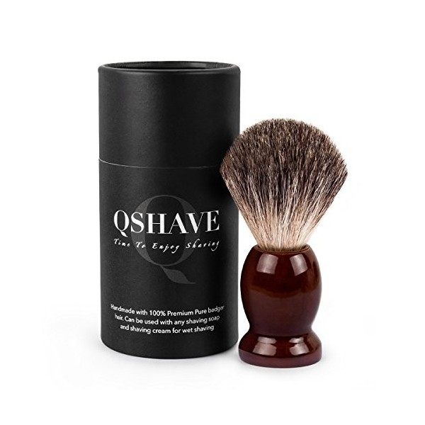 QSHAVE Blaireau de Rasage Fait à Main de 100% Poils de Blaireaus Véritable et Purs avec Manche en Bois. Le choix pour le Rasa