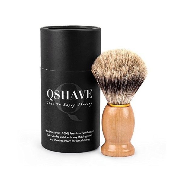 QSHAVE Brosse Blaireau de Rasage Fait à Main de 100% Poils de Blaireaus Véritables et Purs avec Manche en Bois. Le choix pour